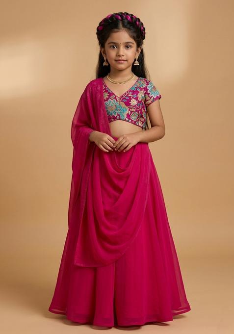 Girls Rani Pink Floral Print Crepe Lehenga Set