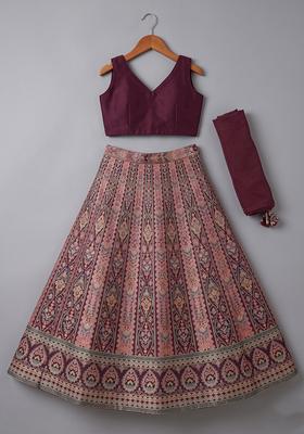 Girls Purple Embroidered Crepe Lehenga Set