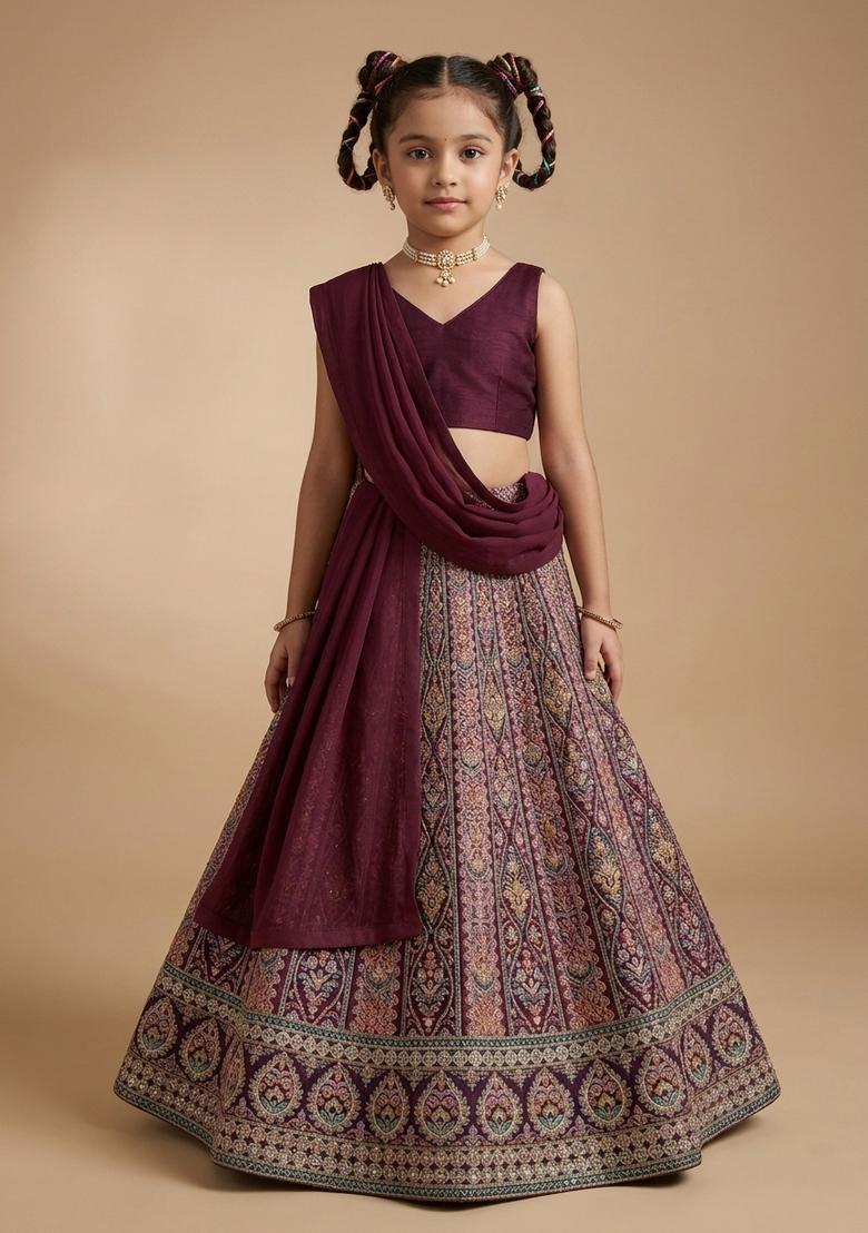 Girls Purple Embroidered Crepe Lehenga Set - Indya