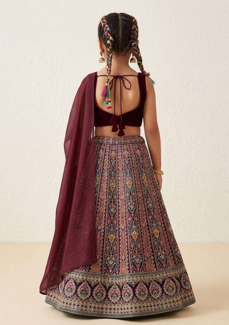 Girls Purple Embroidered Crepe Lehenga Set - Indya