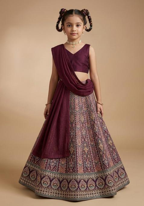 Girls Purple Embroidered Crepe Lehenga Set