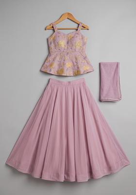 Girls Lavender Floral Print Jacquard Lehenga