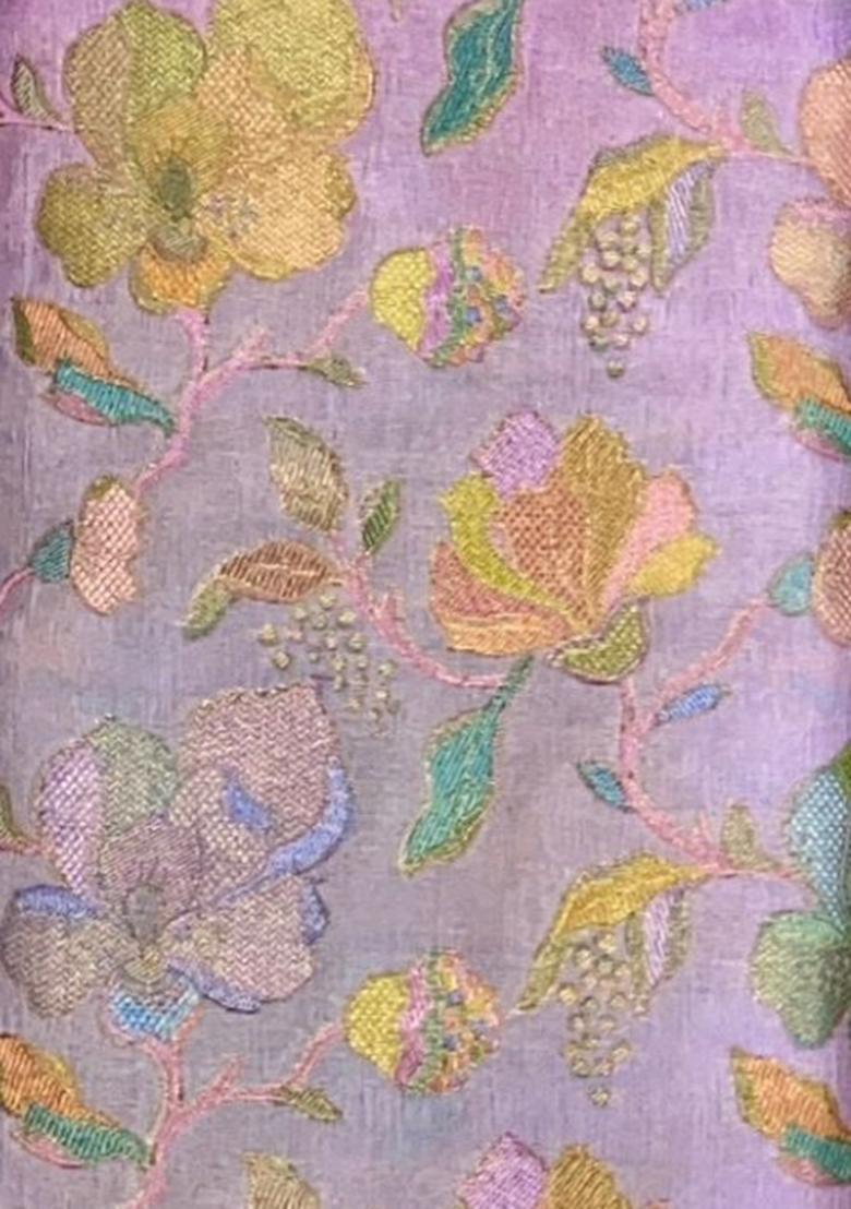 Girls Lavender Floral Print Jacquard Lehenga - Indya
