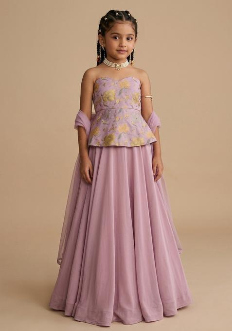 Girls Lavender Floral Print Jacquard Lehenga