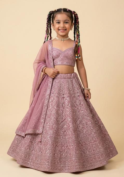Girls Blush Pink Jacquard Silk Lehenga