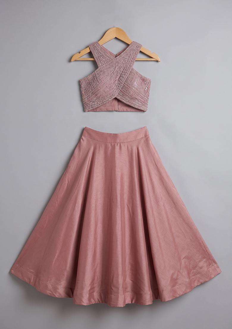Girls Pastel Pink Crepe Handwork Lehenga Set - Indya