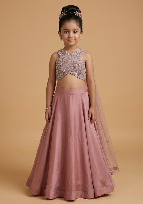 Girls Pastel Pink Crepe Handwork Lehenga Set