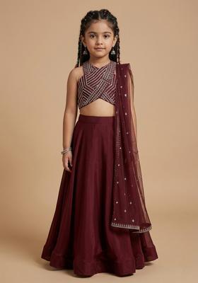 Girls Maroon Crepe Handwork Lehenga Set