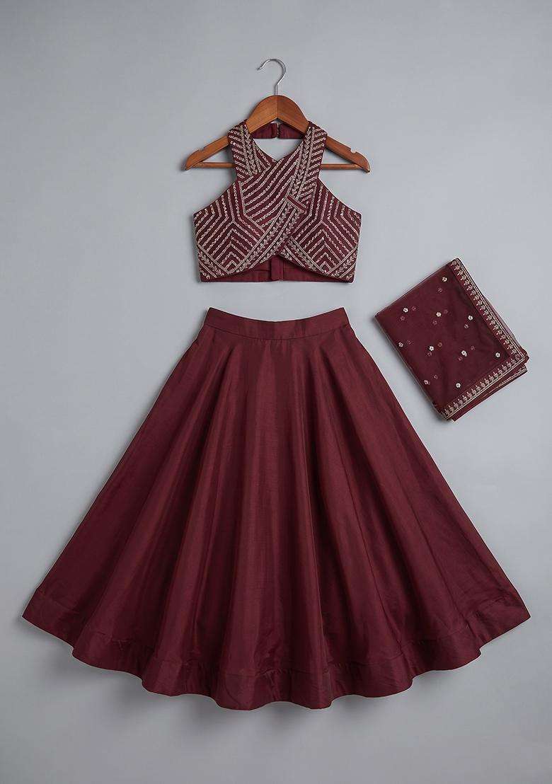 Girls Maroon Crepe Handwork Lehenga Set - Indya