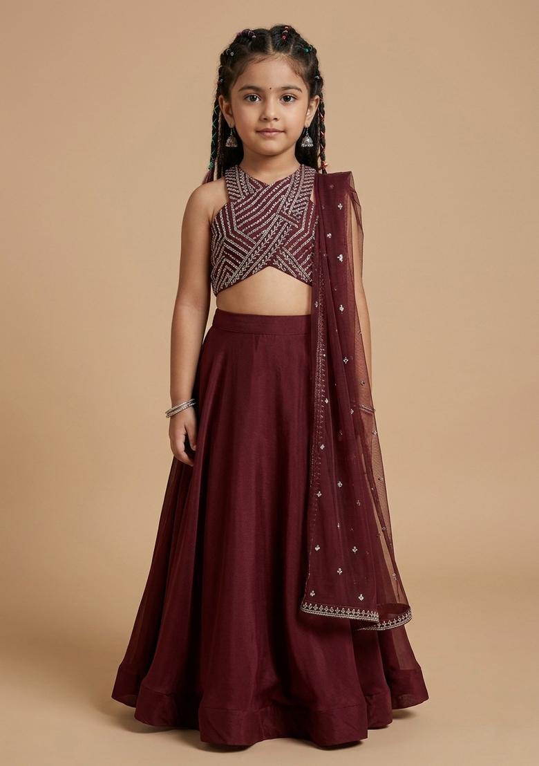 Girls Maroon Crepe Handwork Lehenga Set - Indya