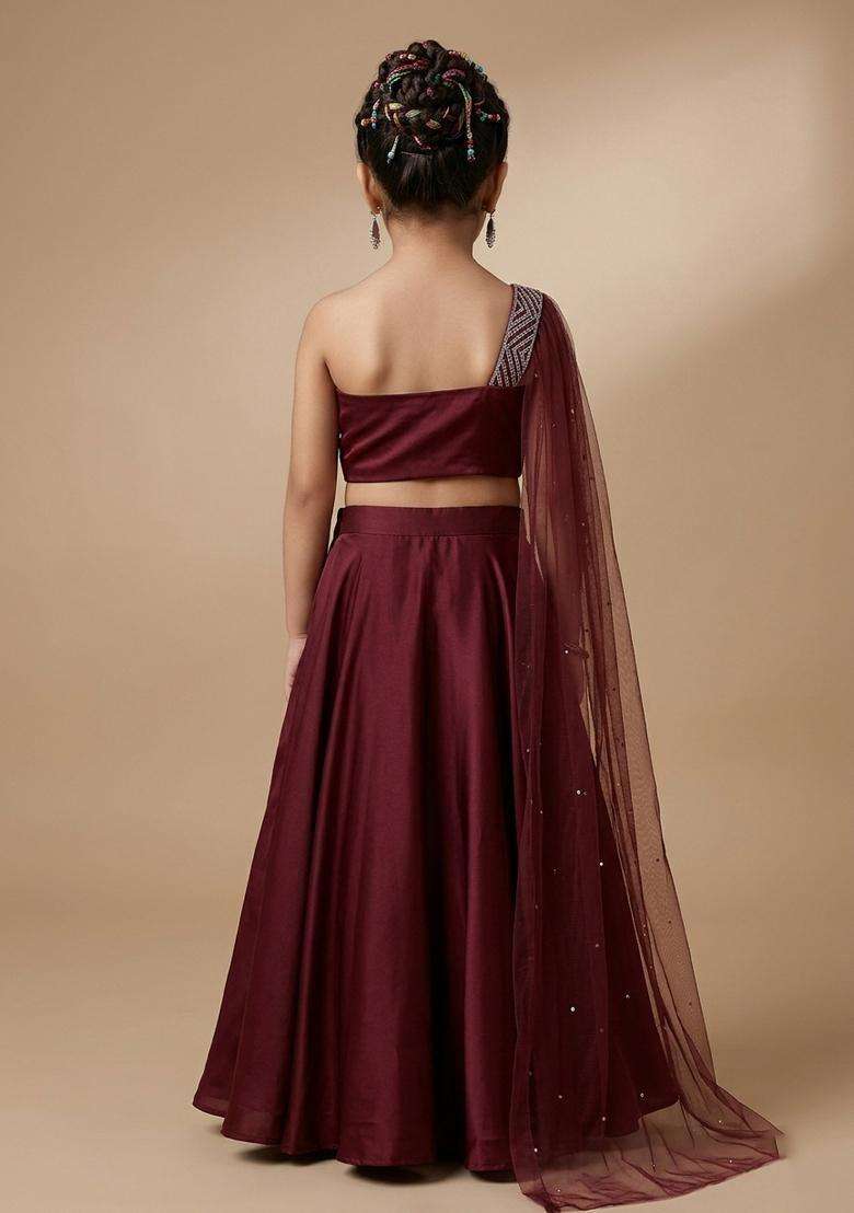 Girls Maroon Crepe Handwork Lehenga Set - Indya