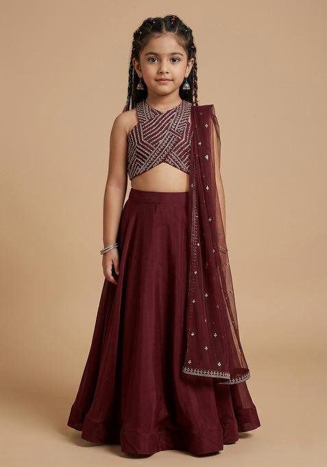 Girls Maroon Crepe Handwork Lehenga Set