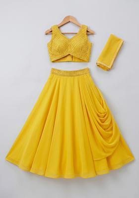 Girls Yellow Crepe Handwork Lehenga Set
