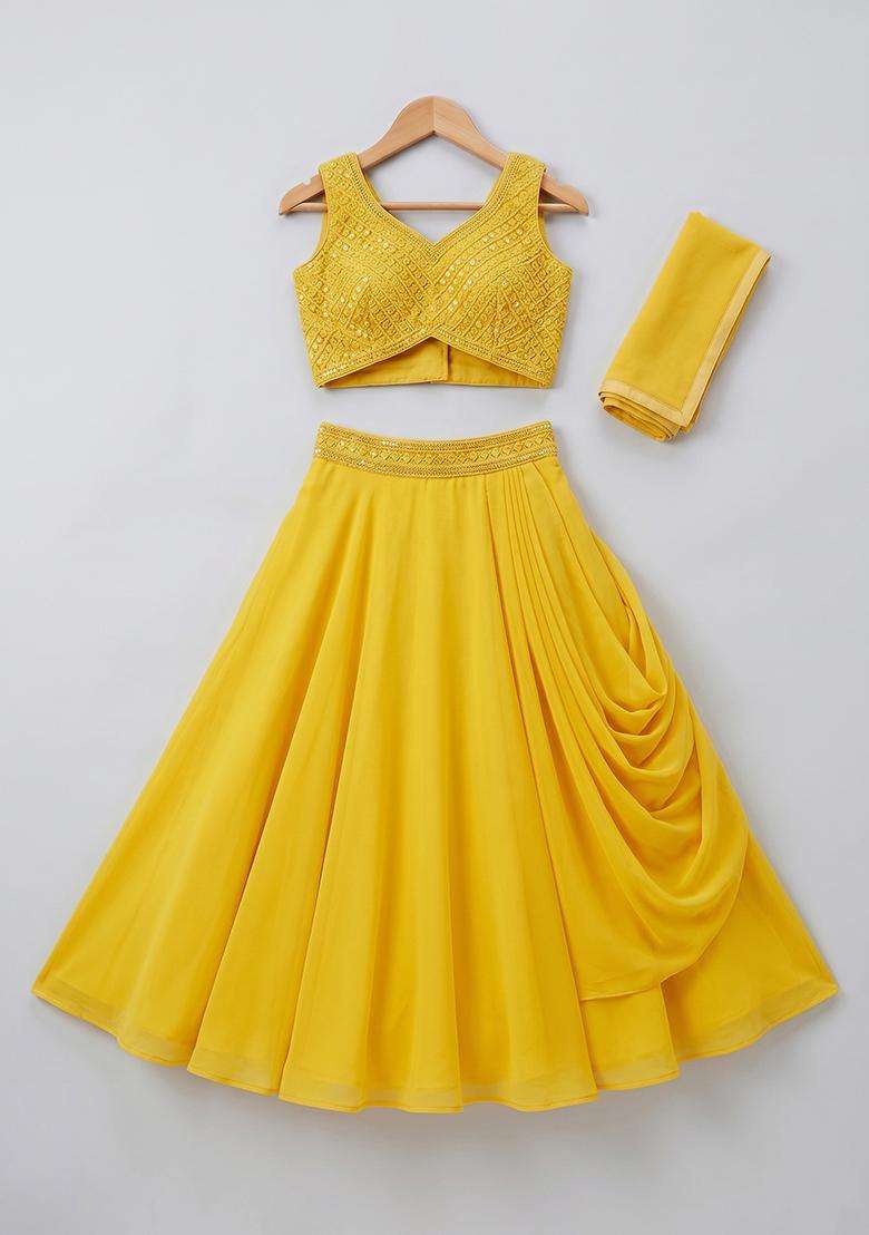 Girls Yellow Crepe Handwork Lehenga Set - Indya