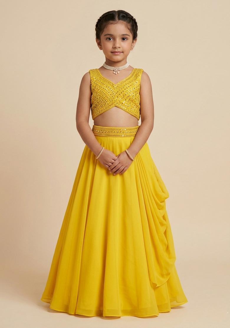 Girls Yellow Crepe Handwork Lehenga Set - Indya