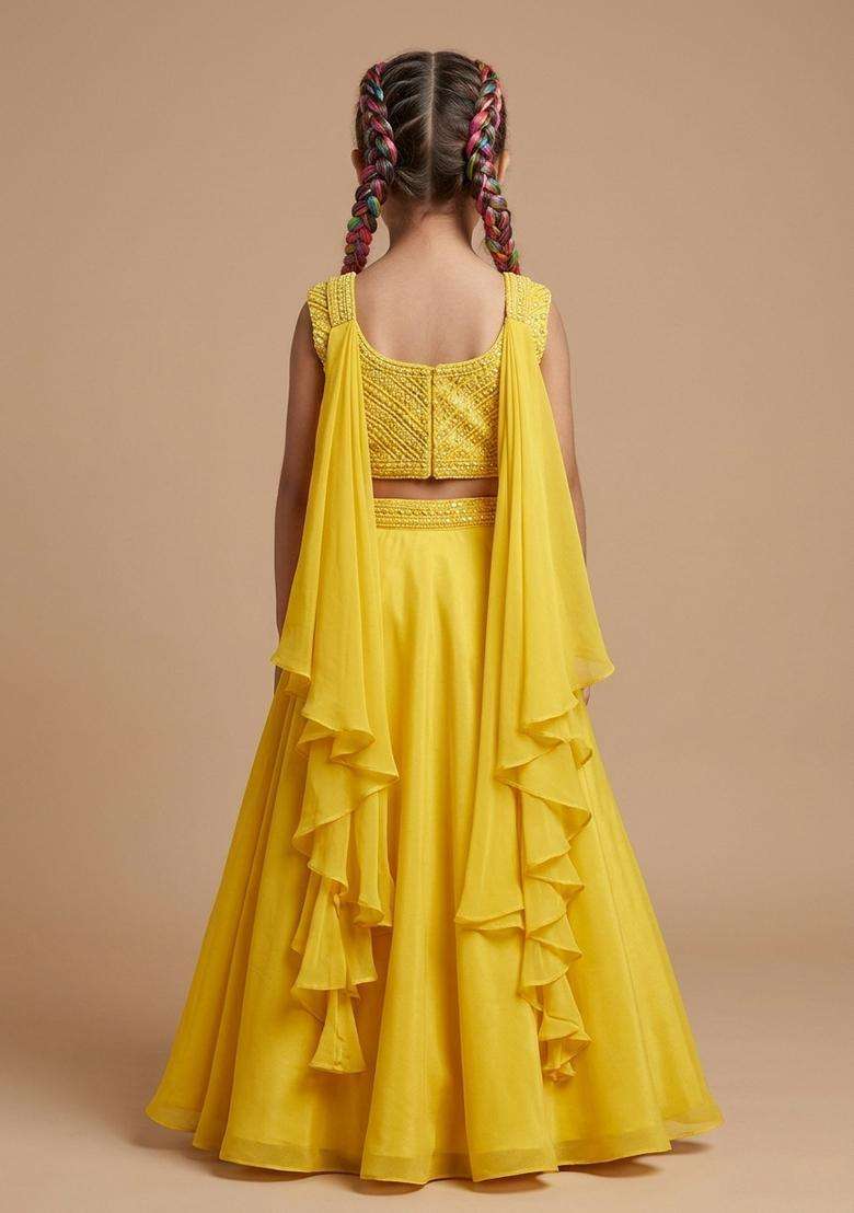 Girls Yellow Crepe Handwork Lehenga Set - Indya
