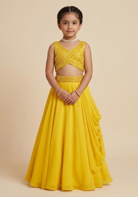 Girls Yellow Crepe Handwork Lehenga Set
