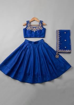 Girls Royal Blue Satin Handwork Lehenga Set