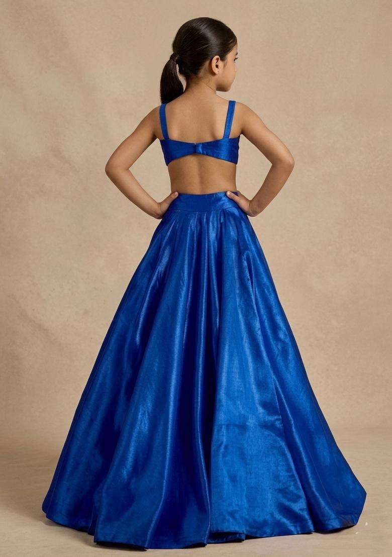Girls Royal Blue Satin Handwork Lehenga Set - Indya