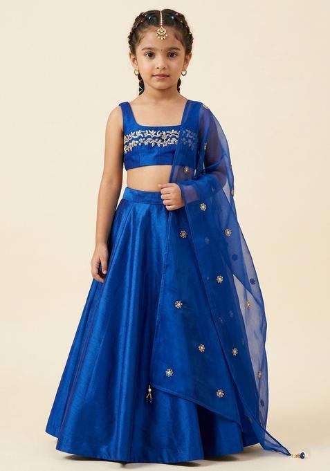 Girls Royal Blue Satin Handwork Lehenga Set