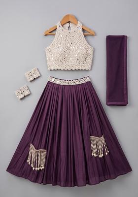 Girls Purple Handwork Satin Lehenga Set