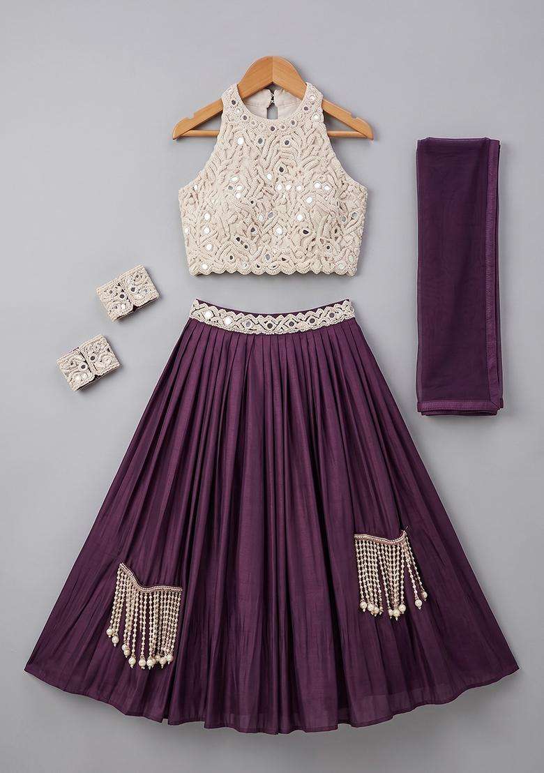 Girls Purple Handwork Satin Lehenga Set - Indya