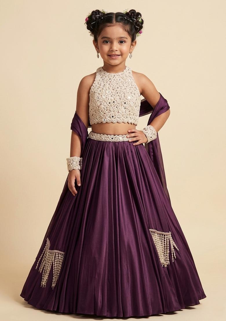 Girls Purple Handwork Satin Lehenga Set - Indya