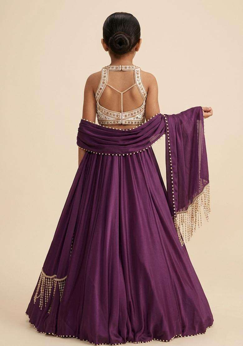 Girls Purple Handwork Satin Lehenga Set - Indya