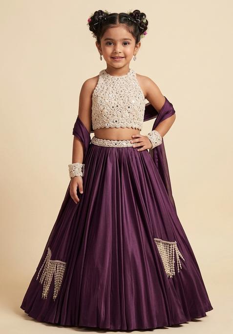 Girls Purple Handwork Satin Lehenga Set
