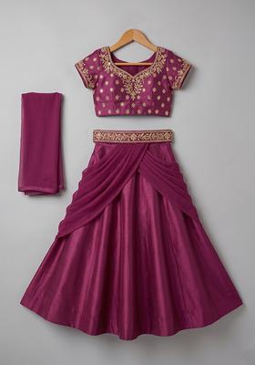 Girls Rani Pink Handwork Crepe Lehenga Set