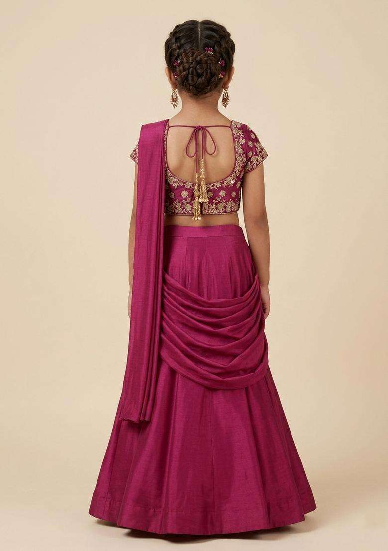 Girls Rani Pink Handwork Crepe Lehenga Set - Indya