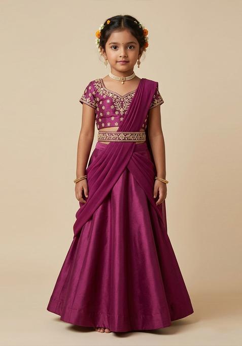 Girls Rani Pink Handwork Crepe Lehenga Set