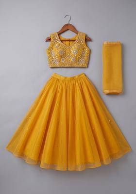 Girls Yellow Hand Work Organza Lehenga Set