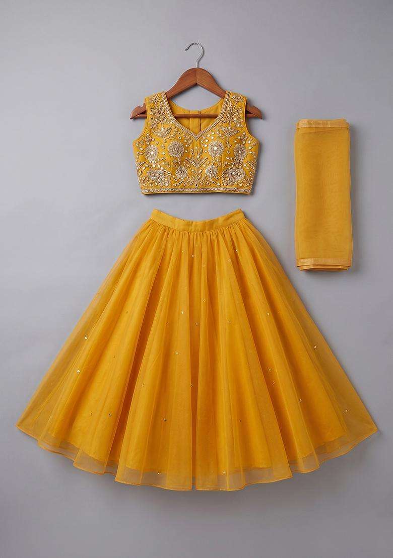 Girls Yellow Hand Work Organza Lehenga Set - Indya