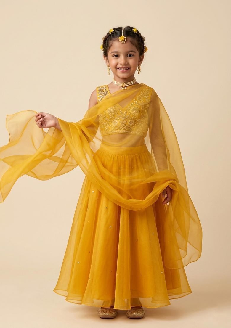 Girls Yellow Hand Work Organza Lehenga Set - Indya