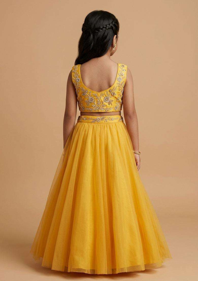 Girls Yellow Hand Work Organza Lehenga Set - Indya