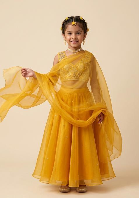 Girls Yellow Hand Work Organza Lehenga Set