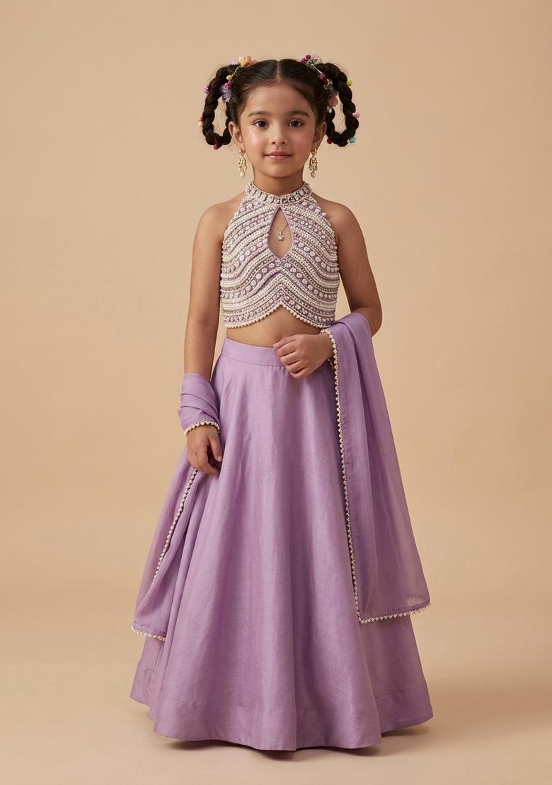 Girls Lilac Handwork Goergette Lehenga Set - Indya