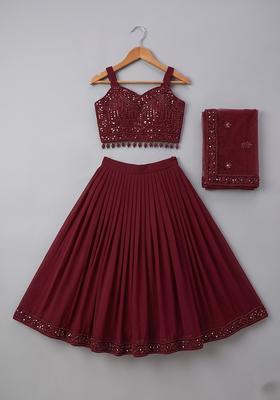 Girls Deep Red Handwork Crepe Lehenga Set