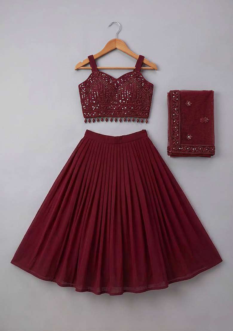 Girls Deep Red Handwork Crepe Lehenga Set - Indya