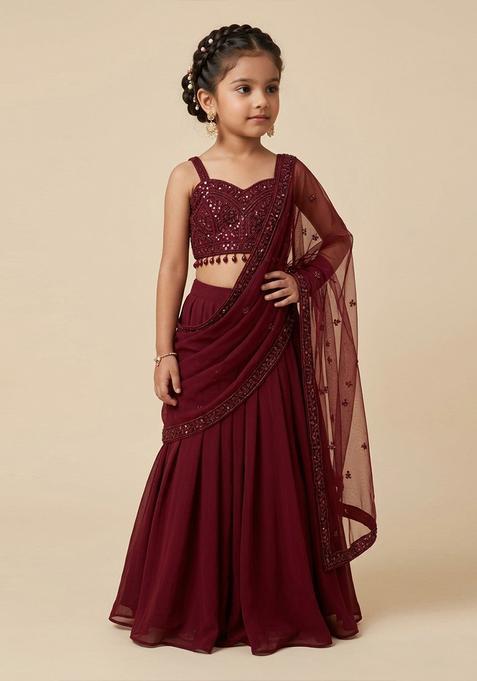 Girls Deep Red Handwork Crepe Lehenga Set