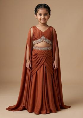 Girls Brown Hand Work Crepe Fusion Set