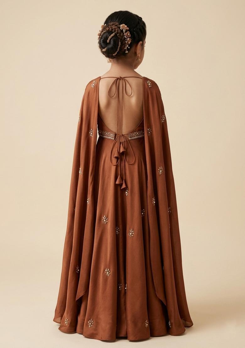 Girls Brown Hand Work Crepe Fusion Set - Indya
