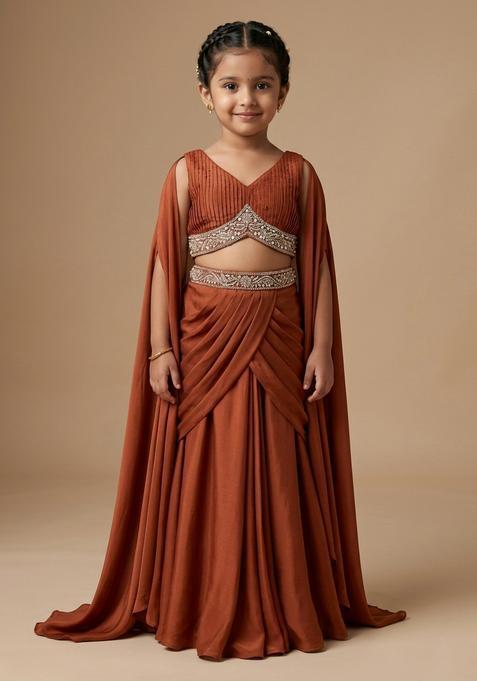 Girls Brown Hand Work Crepe Fusion Set