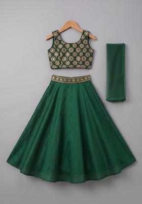 Girls Bottle Green Hand Work Organza Lehenga Set