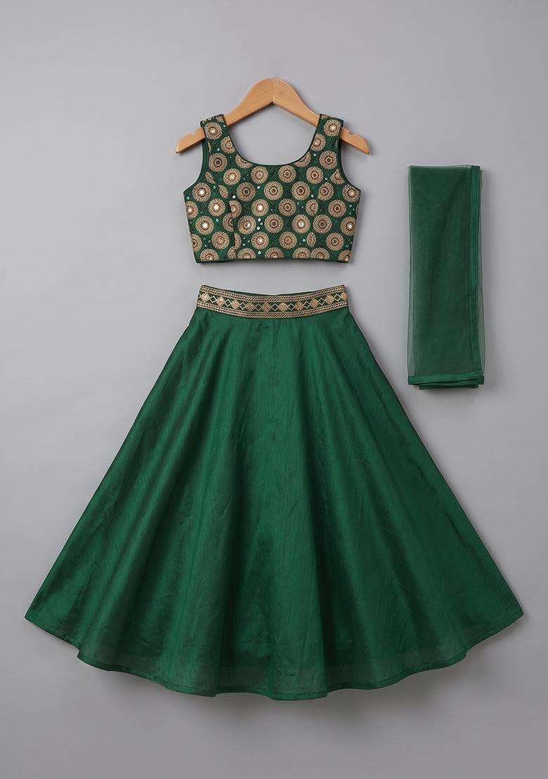 Girls Bottle Green Hand Work Organza Lehenga Set - Indya