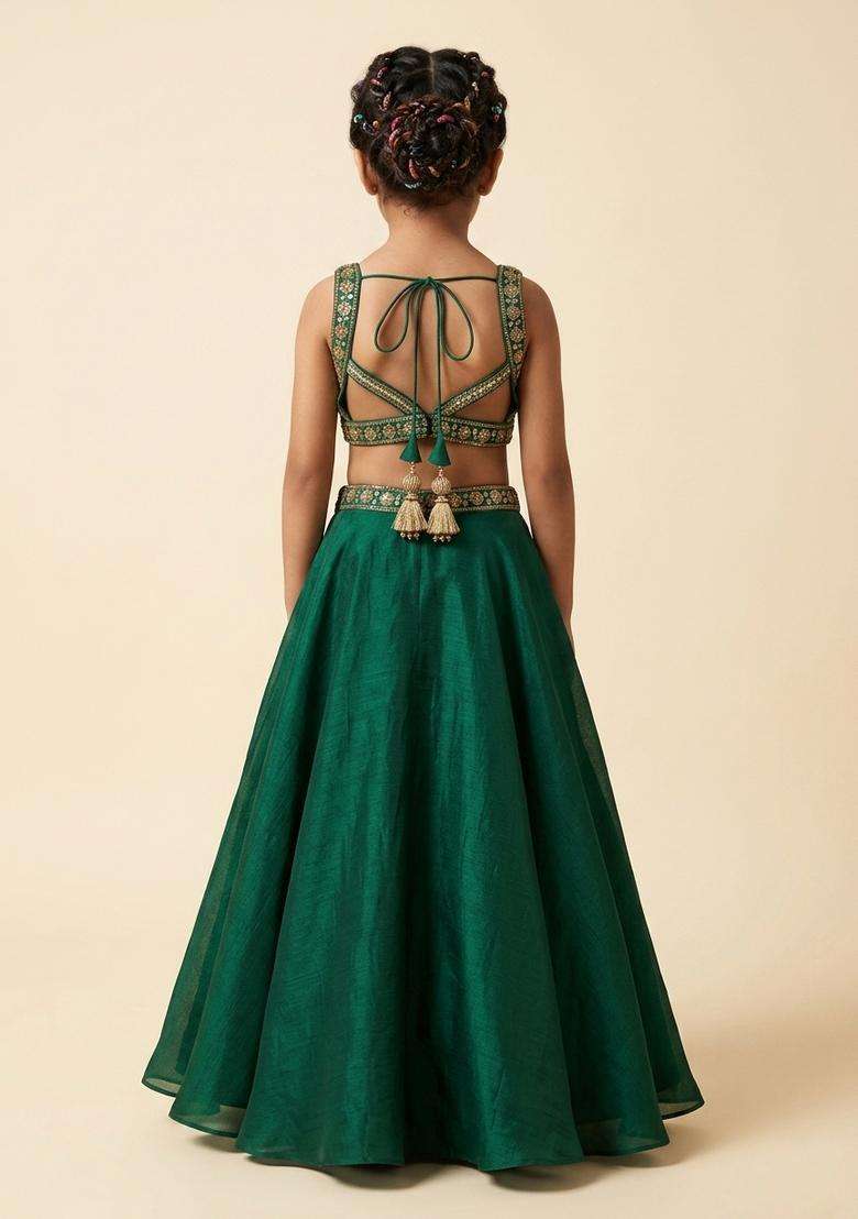 Girls Bottle Green Hand Work Organza Lehenga Set - Indya