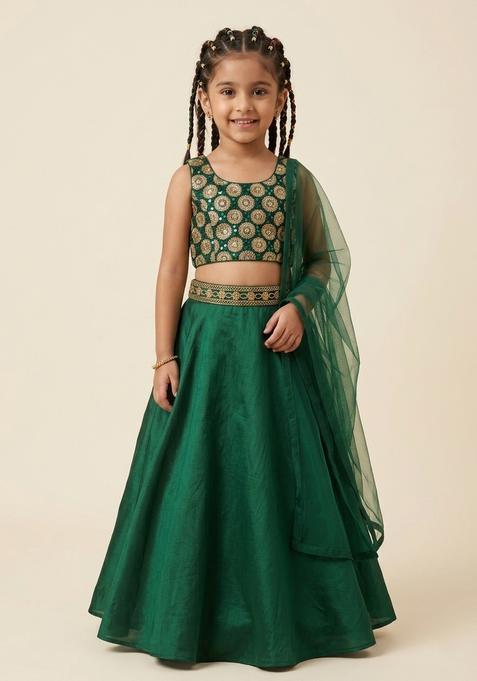 Girls Bottle Green Hand Work Organza Lehenga Set