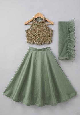Girls Olive Green Satin Handwork Lehenga Set