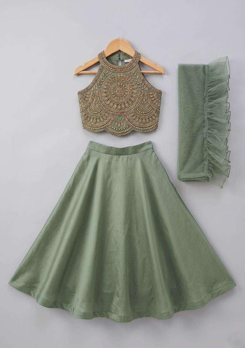 Girls Olive Green Satin Handwork Lehenga Set - Indya